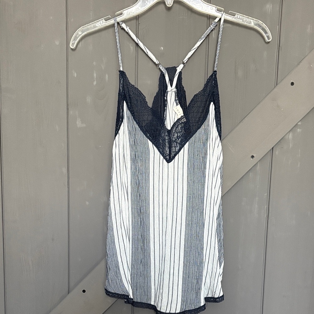 Striped Lace Trim Cami Top - Navy Blue and White